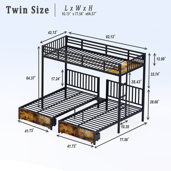 English Elm Triple Bunk Bed Steel Frame Sleeps Three Kids with Noise Reduced Powder Coated Design W3752S00022