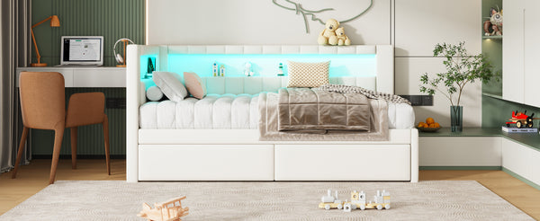 English Elm Upholstered Twin Platform Bed with USB Ports, LED Light Belt, Linen Backrest & 2 Storage Drawers White DL001926AAK