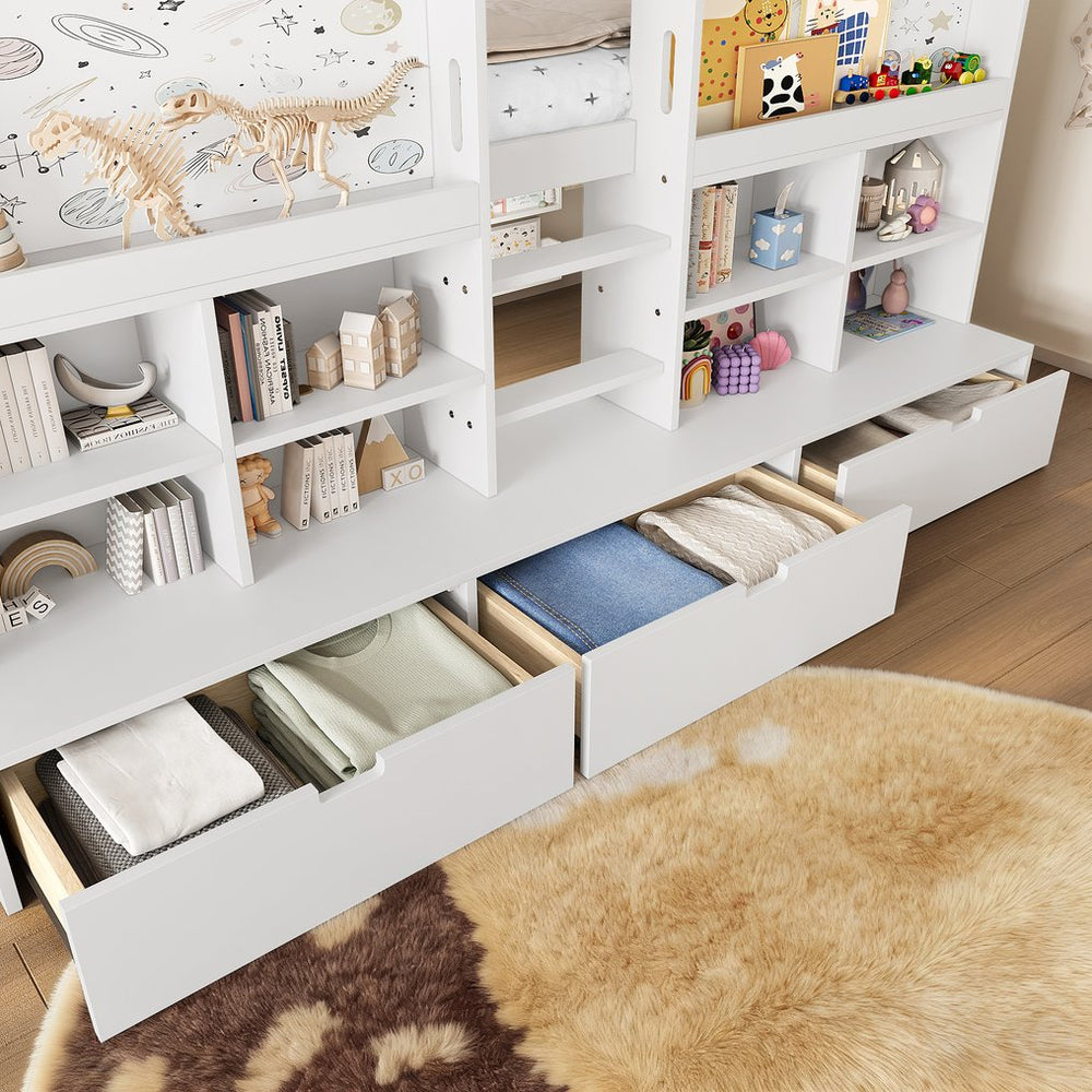 English Elm Twin Xl Low Loft Bed with Curtain Hideaway Chalkboard and Built-in Storage Shelves W1580S00399