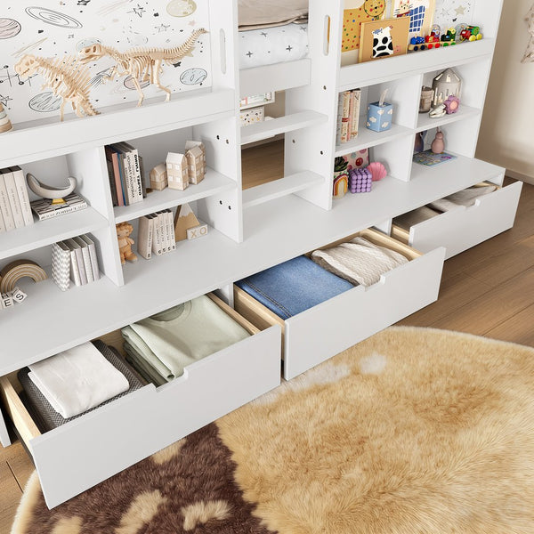English Elm Twin Xl Low Loft Bed with Curtain Hideaway Chalkboard and Built-in Storage Shelves W1580S00399