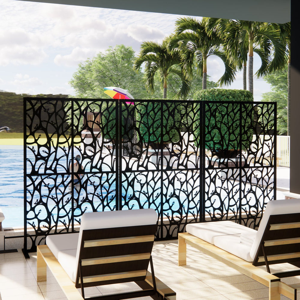 English Elm Metal Bird Cutout Privacy Screen Freestanding Powder Coated Steel Patio Room Divider Black W1586P282265