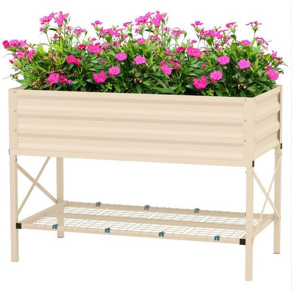 English Elm Outsunny Elevated Garden Bed With Galvanized Steel Frame, Storage Shelf & Easy-Access Planter Box W2225P200468-GIGA