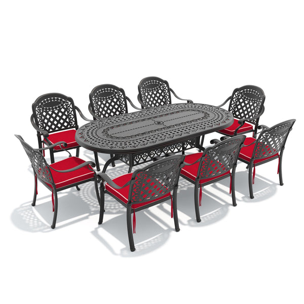English Elm 9-piece Cast Aluminum Outdoor Dining Set with Carved Detail and Weather Resistant Cushions W1710S00645