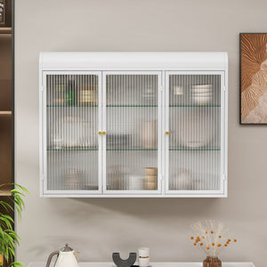 English Elm 3 Door Arched Wall Mounted Glass Cabinet with Wide Top Narrow Bottom Design for Stylish Storage and Display White W757P221502