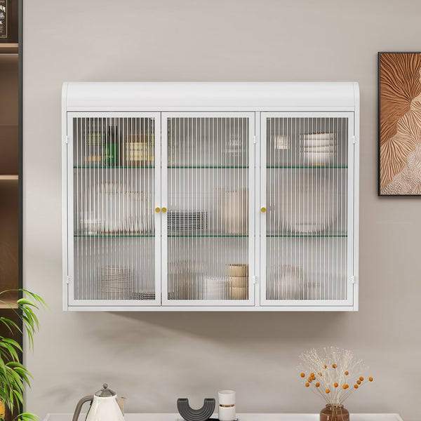 English Elm 3 Door Arched Wall Mounted Glass Cabinet with Wide Top Narrow Bottom Design for Stylish Storage and Display White W757P221502