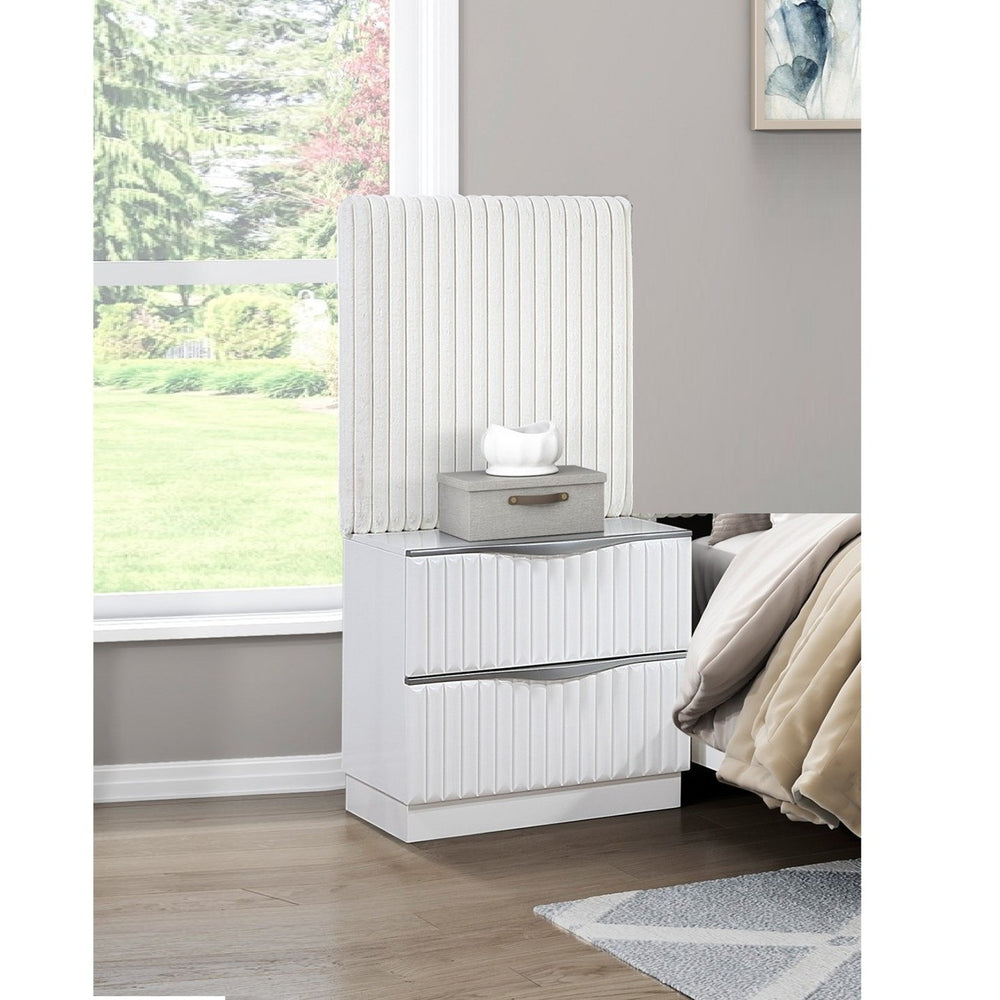English Elm Luxurious Pearl White Glam Nightstand with Faux Fur Wall Panel and Tufted Upholstery B011S02276