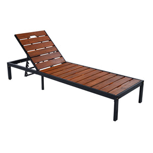 English Elm Outdoor Acacia Wood Slat Chaise Lounge with Powder Coated Frame for Patio Resort Black+Brown N719P383161D