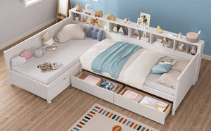 English Elm Twin Corner Daybed with Storage Drawers Bookshelf Wood L-shape Frame for Small Rooms White N733S369272K