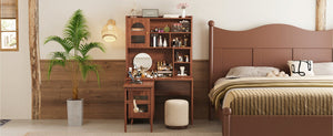 English Elm Computer Desk with Rotating Extension Panel Walnut Finish Glass Cabinets Home Office N733S363716D