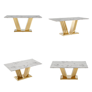 English Elm Marble Dining Table For 6-8 People - Elegant Faux Marble Top With Gold Mirrored Base For Modern Spaces W3456S00048