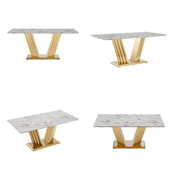 English Elm Marble Dining Table For 6-8 People - Elegant Faux Marble Top With Gold Mirrored Base For Modern Spaces W3456S00048