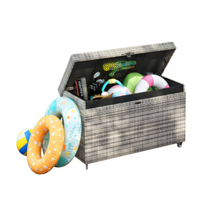 English Elm K&K 200 Gallon Wicker Deck Box with Lockable Lid, Hydraulic Pistons, Wheels, Weatherproof Storage Grey N707P245457G