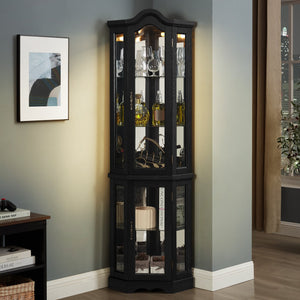English Elm Lighted Corner Curio Cabinet With Adjustable Shelves & Integrated Lighting - Stylish Oak Display Solution W1758P300124