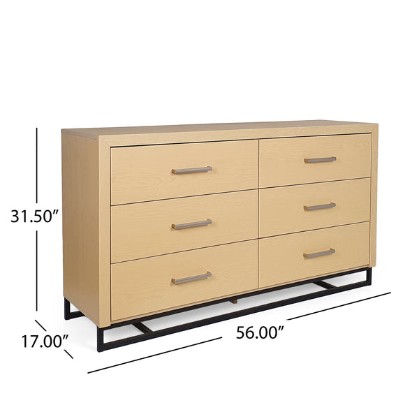 English Elm Christopher Knight Home® - 6 Drawer Chest with Iron Base and Six Spacious Drawers, Contemporary Industrial Design, Durable Construction Natural 60 L x 19.25 W x 10 H 71883.00WALN