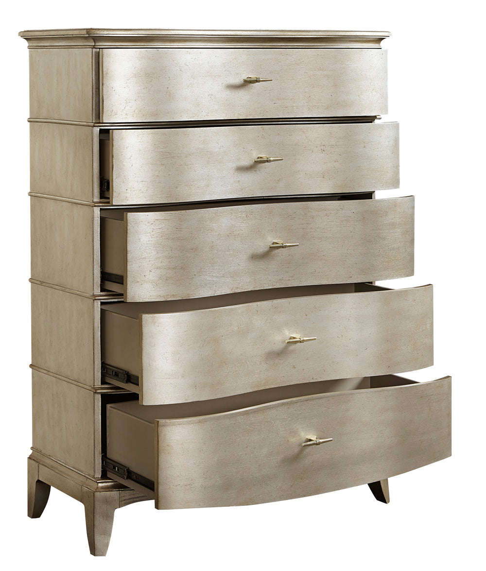 A.R.T. Furniture Starlite Drawer Chest - Glamorous Serpentine Design With 5 Storage Drawers & Aged Silver Finish Silver, Silver Parawood Solids,Primavera Veneer,Metal 406150-2227