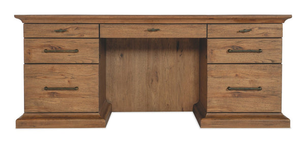 Hooker Furniture Big Sky Executive Desk — Pecky Hickory Rustic Executive Desk With Leather Writing Surface, 7 Drawers, Locks 6700-10562-80