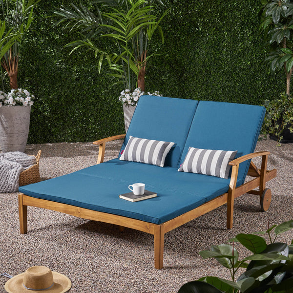 English Elm Christopher Knight Home® - Perla Double Chaise Lounge - Stylish Acacia Wood Seating With Plush Cushions For Ultimate Comfort 63357.00BLU