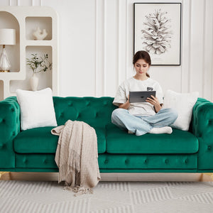 English Elm Fx Chesterfield Velvet Sofa with Diamond Tufting Polished Legs and Accent Pillows Green W1926S00081