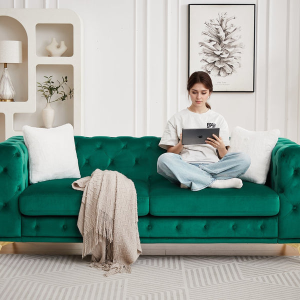 English Elm Fx Chesterfield Sofa Set Tufted Tech Fabric Upholstered Living Room Seating Combo Green W1926S00086