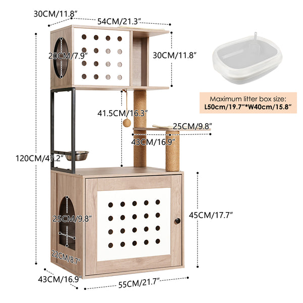 English Elm Cat Tower with Hidden Litter Enclosure Hammock Bed Feeding Station Scratching Posts W1687P304379