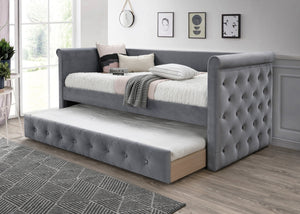 English Elm Contemporary Button Tufted Daybed Gray Burlap Upholstery Trundle Guest Sleeping B011S02046