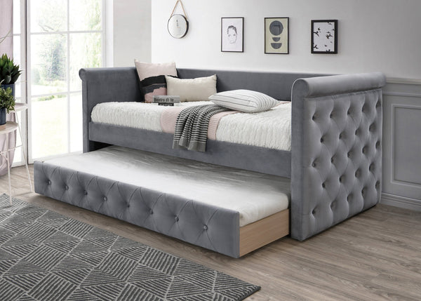 English Elm Contemporary Button Tufted Daybed Gray Burlap Upholstery Trundle Guest Sleeping B011S02046