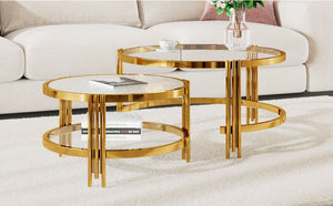 English Elm Modern Nesting Coffee Table Set Textured Tempered Glass Gold Tripod Base Living Room N735P354005A