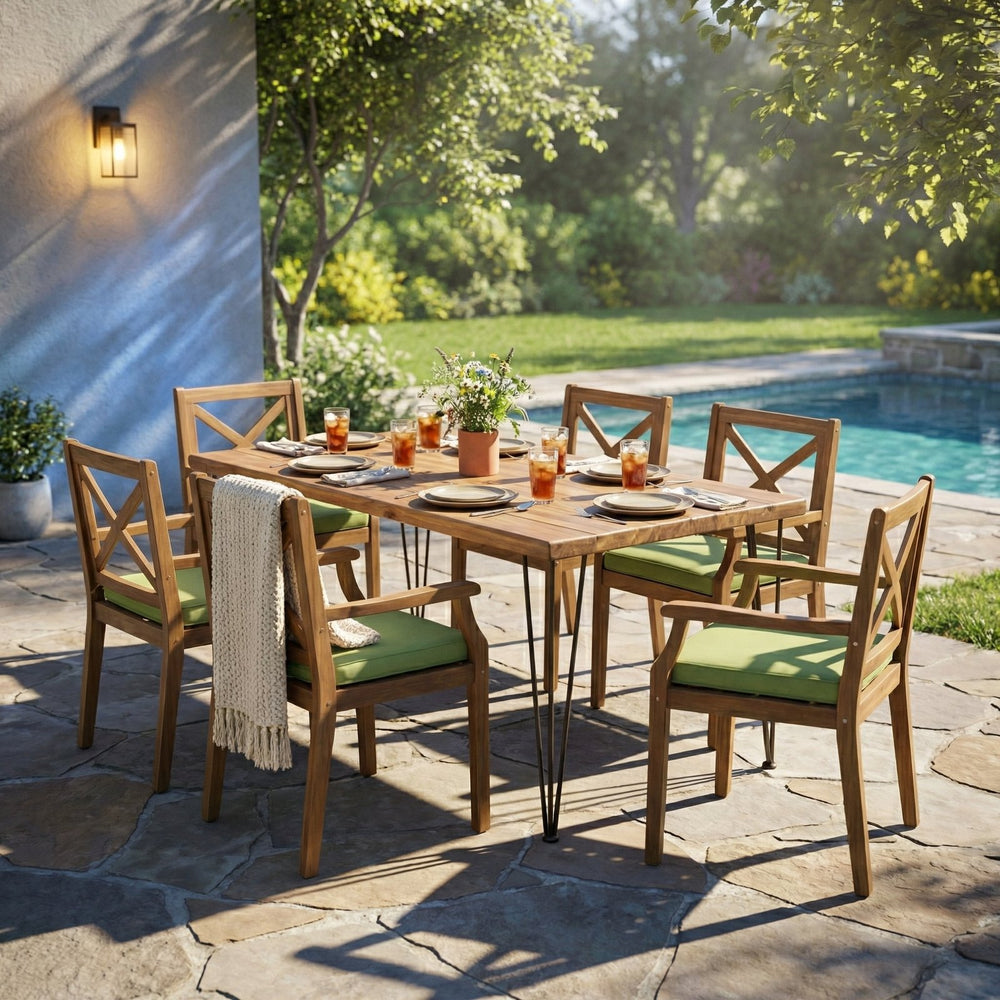 English Elm 7 Piece Solid Acacia Outdoor Dining Set Hairpin Legs Teak Finish Six Seat Patio N762S000044AAF