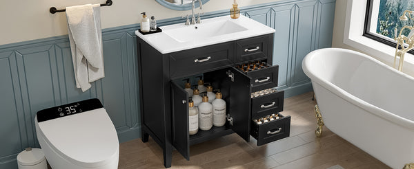 English Elm 36" Modern Bathroom Vanity With Sink Combo, Sleek Black Cabinet, Durable Storage & Stylish Design N725P246491B