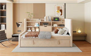 English Elm Twin Upholstered Daybed with Pull-Up Trundle, Velvet High Back with Shelves, Flip Storage & USB Beige SF000194AAA