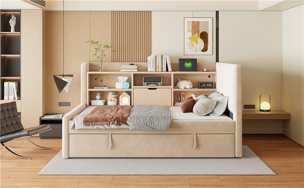 English Elm Twin Upholstered Daybed with Pull-Up Trundle, Velvet High Back with Shelves, Flip Storage & USB Beige SF000194AAA