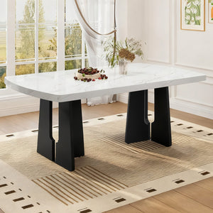 English Elm 63" Modern Faux Marble Dining Table with Geometric Rubberwood Legs, Durable 350lb Capacity, Easy Assembly White+Black N752P317333K