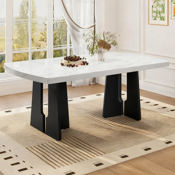 English Elm 63" Modern Faux Marble Dining Table with Geometric Rubberwood Legs, Durable 350lb Capacity, Easy Assembly White+Black N752P317333K