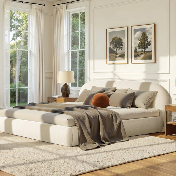 English Elm Jennifer Taylor Home - Archie Puffy Grounded Upholstered Platform Bed in Oatmeal Chenille — Arched Puffy Headboard, No-Box Spring Design, Durable Elegance (90") B2719P320241