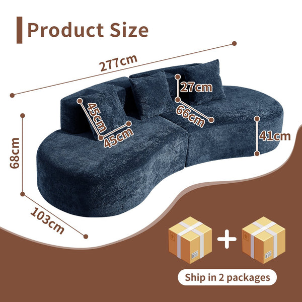 English Elm 3-seater Velvet Curved Sectional Sofa Plush Cloud Design for Open Living Rooms Blue W1765S00122