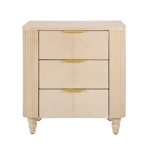 English Elm Mid-century Fluted 3 Drawer Nightstand with Gourd Legs and Gold Tone Handles for Bedroom Champagne N761P285712E