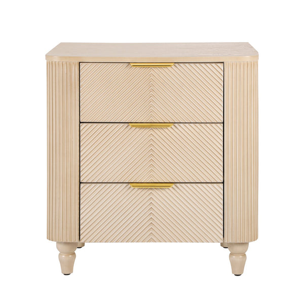 English Elm Mid-century Fluted 3 Drawer Nightstand with Gourd Legs and Gold Tone Handles for Bedroom Champagne N761P285712E