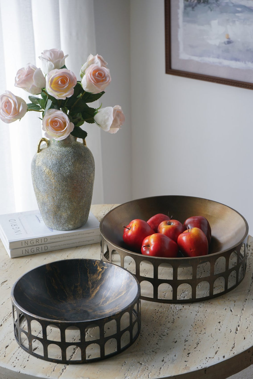 English Elm S/2 Iron Decorative Trays with Roman Arch Cutouts in Two Tone Gold Black W2078P440522