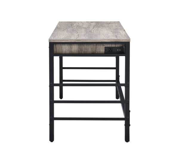 English Elm Disho Light Weathered Oak Writing Desk with USB Ports, 2 Drawers, Black Metal Ladder Base, Industrial Charm B2726P255313