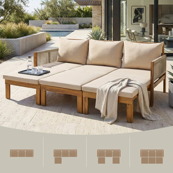 English Elm Outdoor Acacia Wood Dining Set Seats Six with Cushioned Armrest Chairs for Patio Natural Wood+Brown N719Z000220D