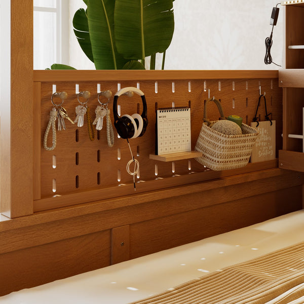 English Elm Twin Xl Over Queen Bunk Bed with Led Lighting Shelving and Pegboard Pinewood Frame Brown LT000280AAP
