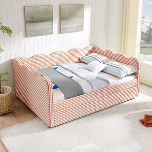 English Elm Full Size Gingham Linen Daybed with Wave Backrest Trundle and Usb Charging Port Pink W1413S00146