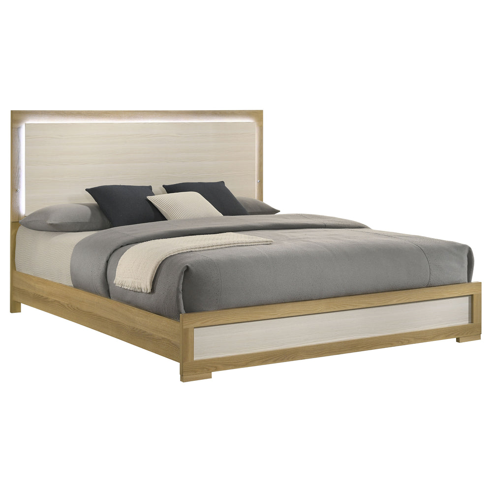 English Elm Pierce Eastern King Panel Bed with Led Lighting and Gloss Diamond Embossed Headboard B062S01563