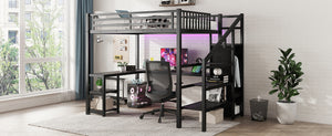 English Elm Metal Full Loft Bed with Wardrobe, LED, L-Desk & USB Ports — Space-Saving Full Size Bunk for Kids Teens Adults W2593S00008