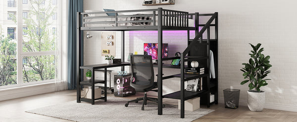English Elm Metal Full Loft Bed with Wardrobe, LED, L-Desk & USB Ports — Space-Saving Full Size Bunk for Kids Teens Adults W2593S00008