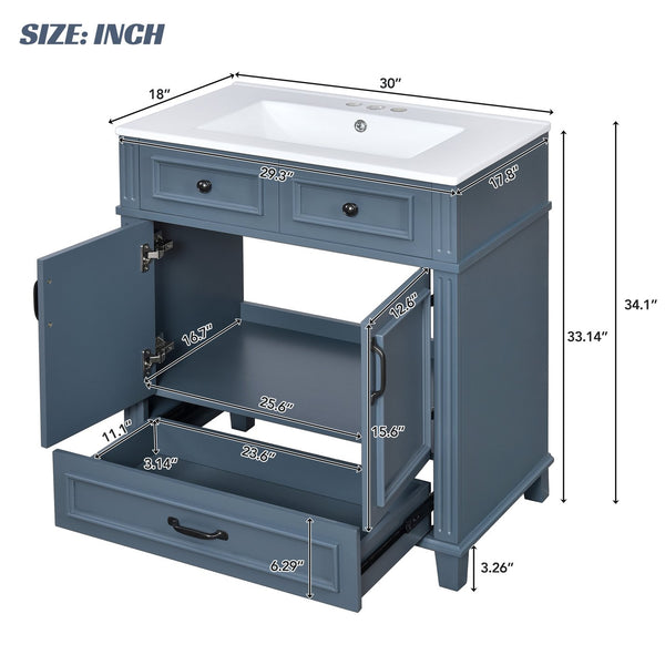 English Elm 30'' Bathroom Vanity with Sink - Retro Solid Wood Frame, Ceramic Basin, Soft-Close Doors & Ample Storage Blue N710P190656C