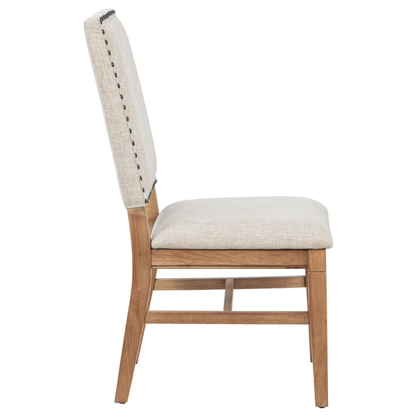 English Elm Carlos Pine Trestle Dining Set Seats Six with Nailhead Upholstered Chairs Natural Finish B062S01802