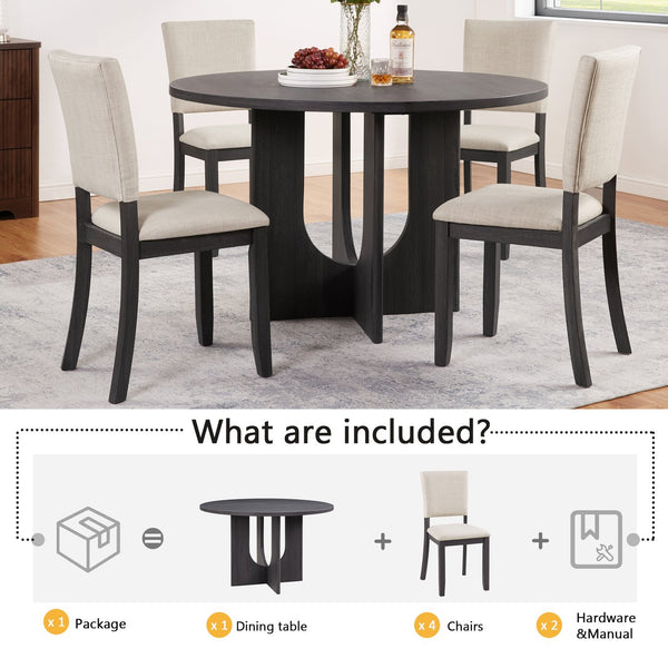 English Elm 47.3" 5-Piece Round Dining Set for 4 - Antique Black Table & Beige Upholstered Chairs, Stable Stylish W1998S00078