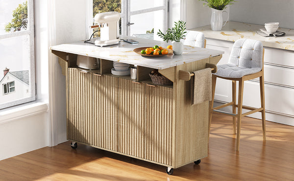 English Elm K&k Fluted Rolling Kitchen Island Faux Marble Top Power Outlet Storage Drawers Natural N707P353934Y