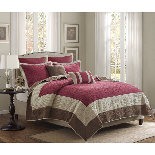 JLA Home Madison Park - 7 Reversible Quilt Set with Euro Shams and Pillows — Soft Microfiber, Woven Texture, Cozy Neutral Accent Red MP13-8804